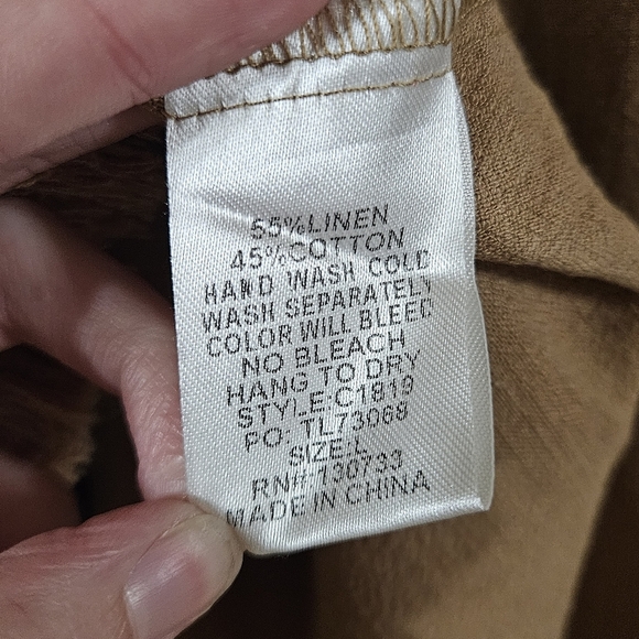 Umgee Size L Brown Tan Short Sleeve Linen Cotton Blend Top Lagenlook Fray - Picture 6 of 6